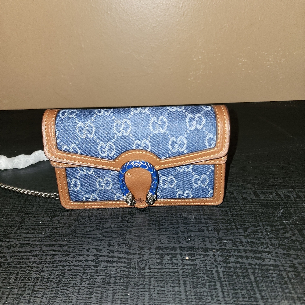 Blue and Brown Clutch with Chain Strap